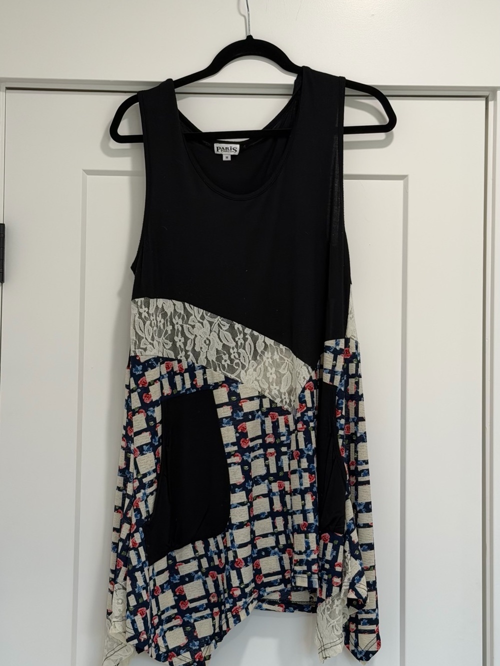 Aris Black Tank Top with Cream Lace and Navy Floral Grid Panels